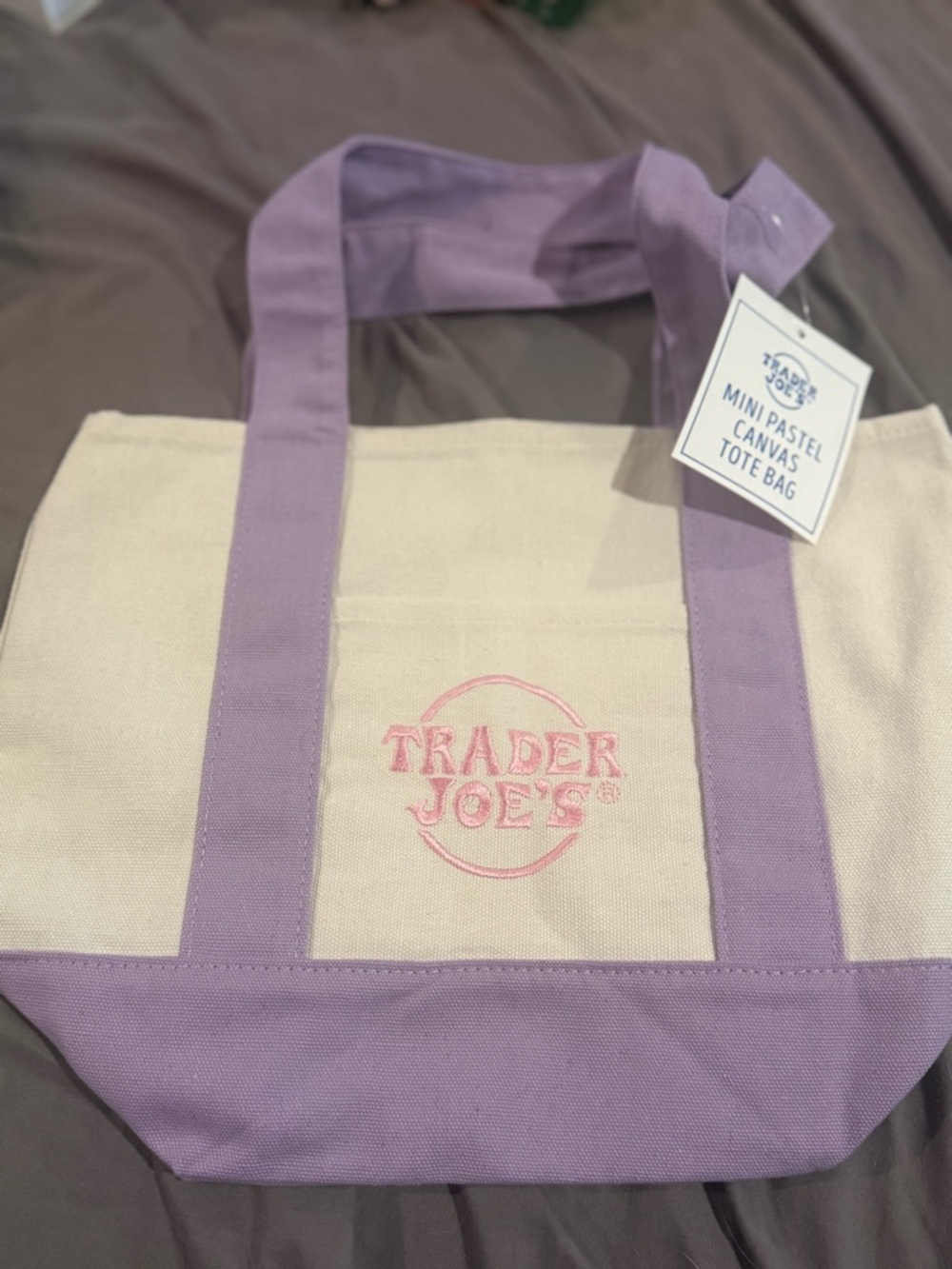 Trader Joe's Mini Canvas Tote in Lavender & Cream